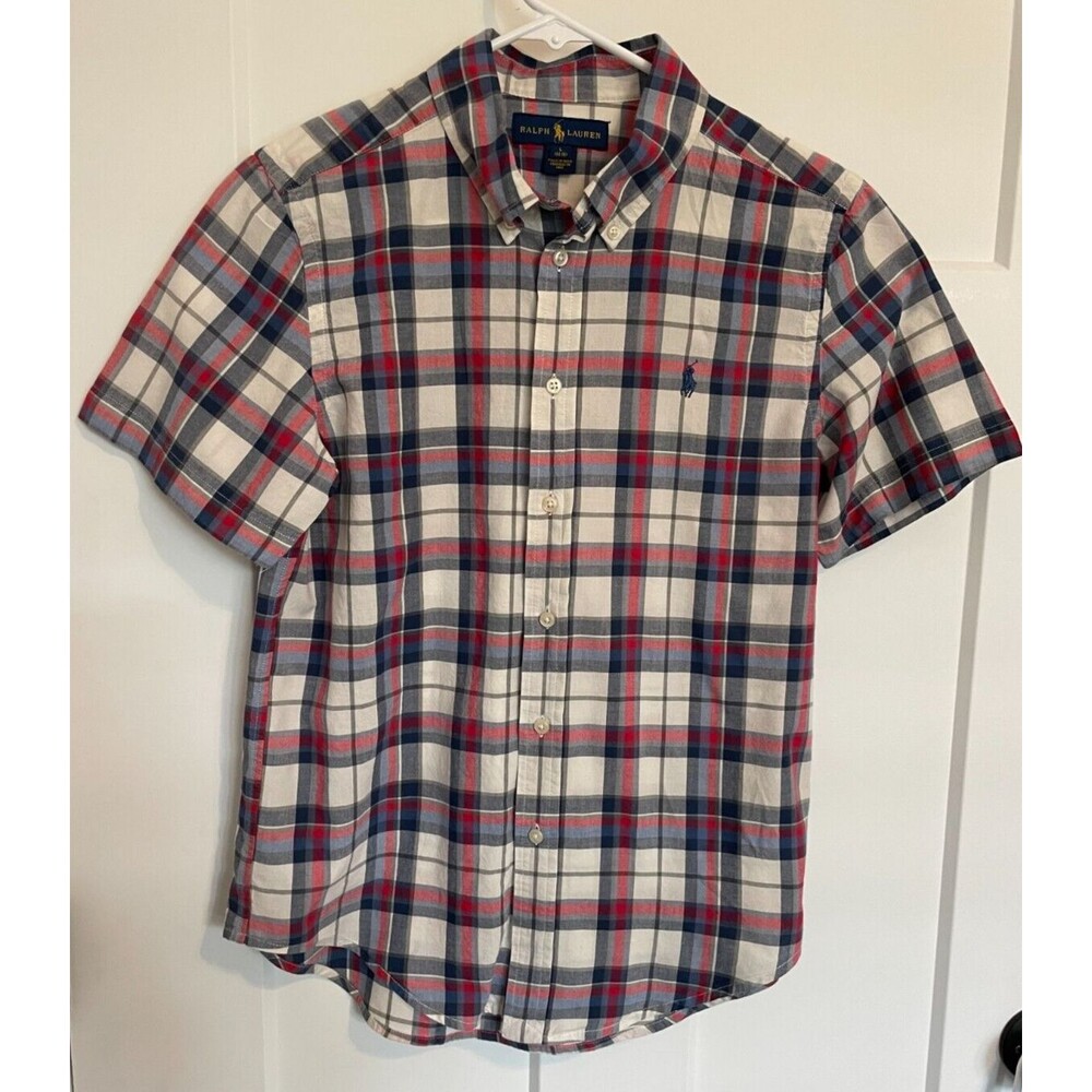 Ralph Lauren Boys Short Sleeve Button-Down Plaid Shirt - White, Red, Blue